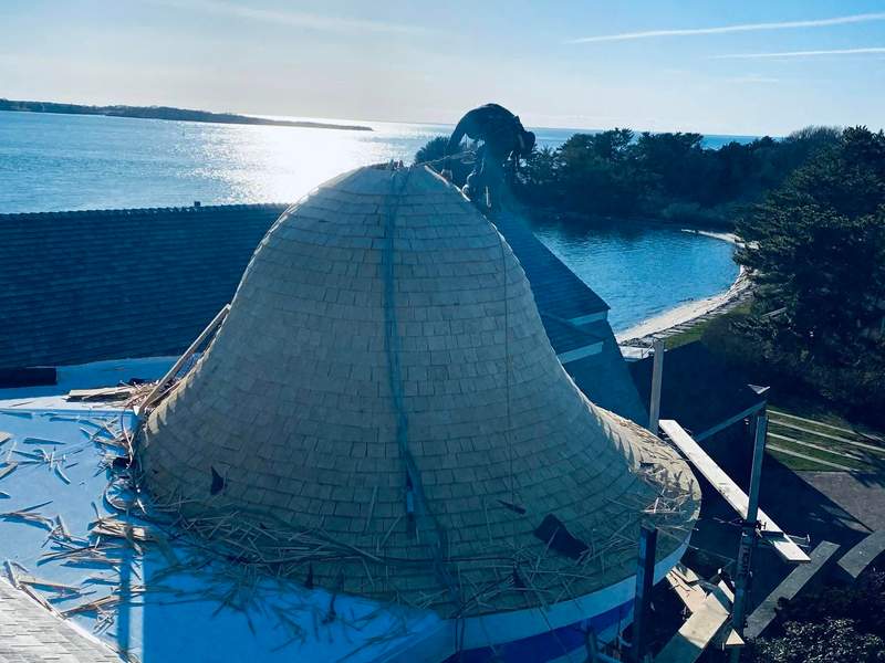 Cedar Shingle Turret Roof project on the South Shore by CB Builders Corp.
